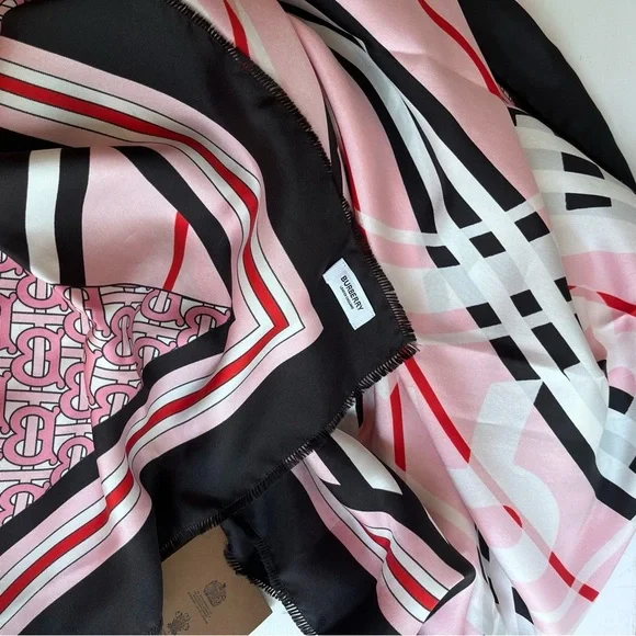 BURBERRY TB Monogram Heritage Square Silk Scarf in Bubblegum Pink - Picture 2 of 11
